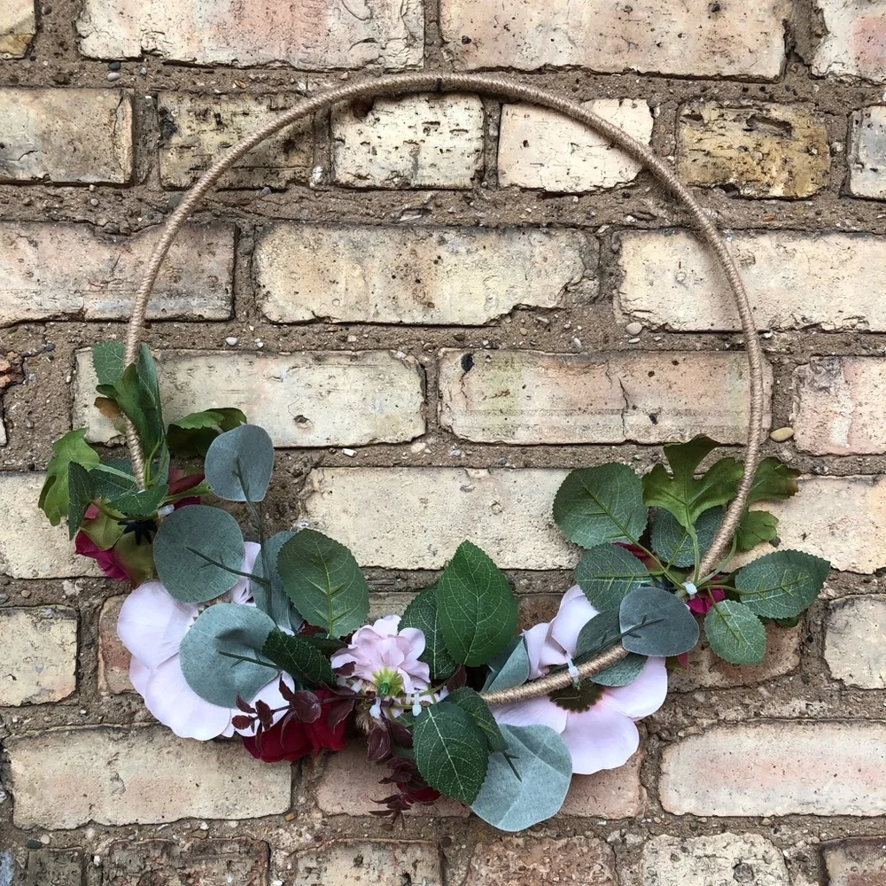 Burgundy Blush Abstract Floral Flower Bouquet Twine Tweed Hoop Wreath